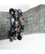 Purple Amethyst 3 Strand Crystal Etched Bead Bracelet Frost Mermaid Silv... - £19.65 GBP