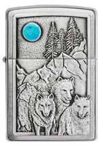 Zippo Lighter - Wolf Pack and Raised Blue Moon Emblem on Brushed Chrome ... - £30.18 GBP