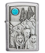 Zippo Lighter - Wolf Pack and Raised Blue Moon Emblem on Brushed Chrome ... - £30.25 GBP