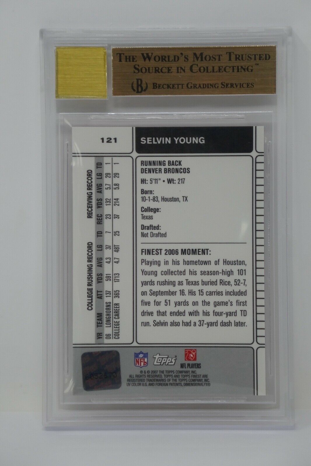 2007 Finest Rookie AU #121 Selvin Young Rookie Beckett 9.5 GEM MINT Item image 6