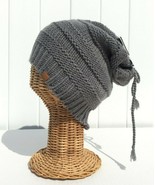 Ponytail Beanie Hat Gray Knit High Bun with Adjustable String Soft Stretch #W - $8.59