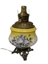 12”T Antique GWTW Oil Lamp, Floral Hand-Painted, Brass/Copper, 1893 Mark - £30.53 GBP