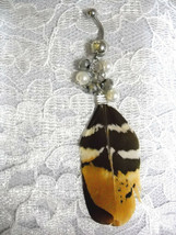 New Multi Brown Real Bird Feather &amp; Deco Beads Dangling 14g Clear Cz Belly Ring - £4.78 GBP