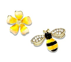 Bee And Flower Earrings Enamel CZ Stones Bumblebee Flower Studs Gold Plated Pair - £3.81 GBP