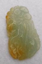 Jadeite Jade Stone Carved Drilled Pendant Amulet w/ Yellow Gold Color - $44.75