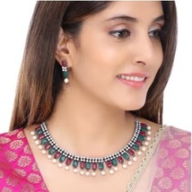 Bollywood Style Indian Oxidised German Silver Layerd Necklace Jewelry Set  - £32.85 GBP