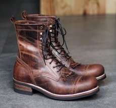 Handmade men&#39;s bespoke genuine leather brown lace up ankle boots US 5-15 - £120.18 GBP