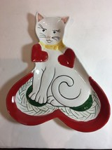 Porcelain Cat Shape With Red Hearts Hand Painted Snack Plate Made in Italy 7145 - £37.37 GBP