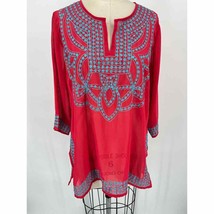 Gretchen Scott Sheer Swimsuit Coverup Tunic Top Sz S Coral Pink Blue Embroidered - £26.63 GBP