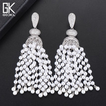 Luxury Imitation Pearls Tassels Long Dangle Earrings For Women Wedding Cubic Zir - £27.93 GBP