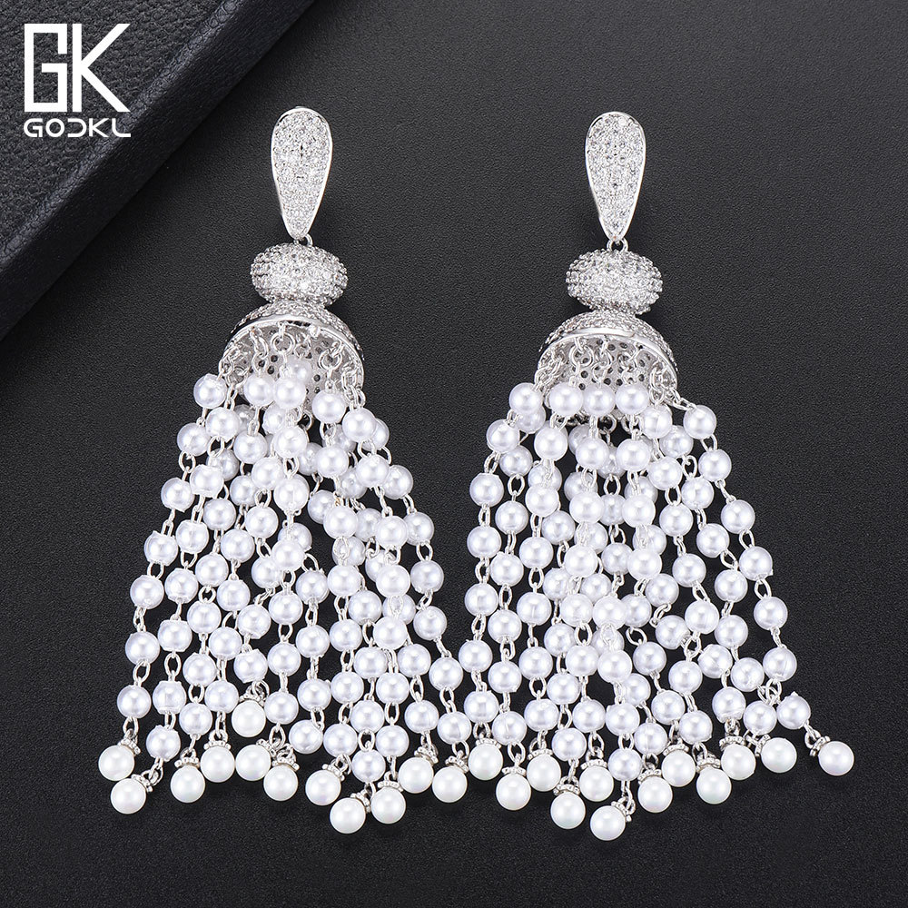 Luxury Imitation Pearls Tassels Long Dangle Earrings For Women Wedding Cubic Zir - $35.53