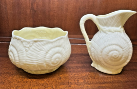 Belleek Ireland Shell Pattern Creamer Sugar Bowl Set Yellow Green Parian - $74.24