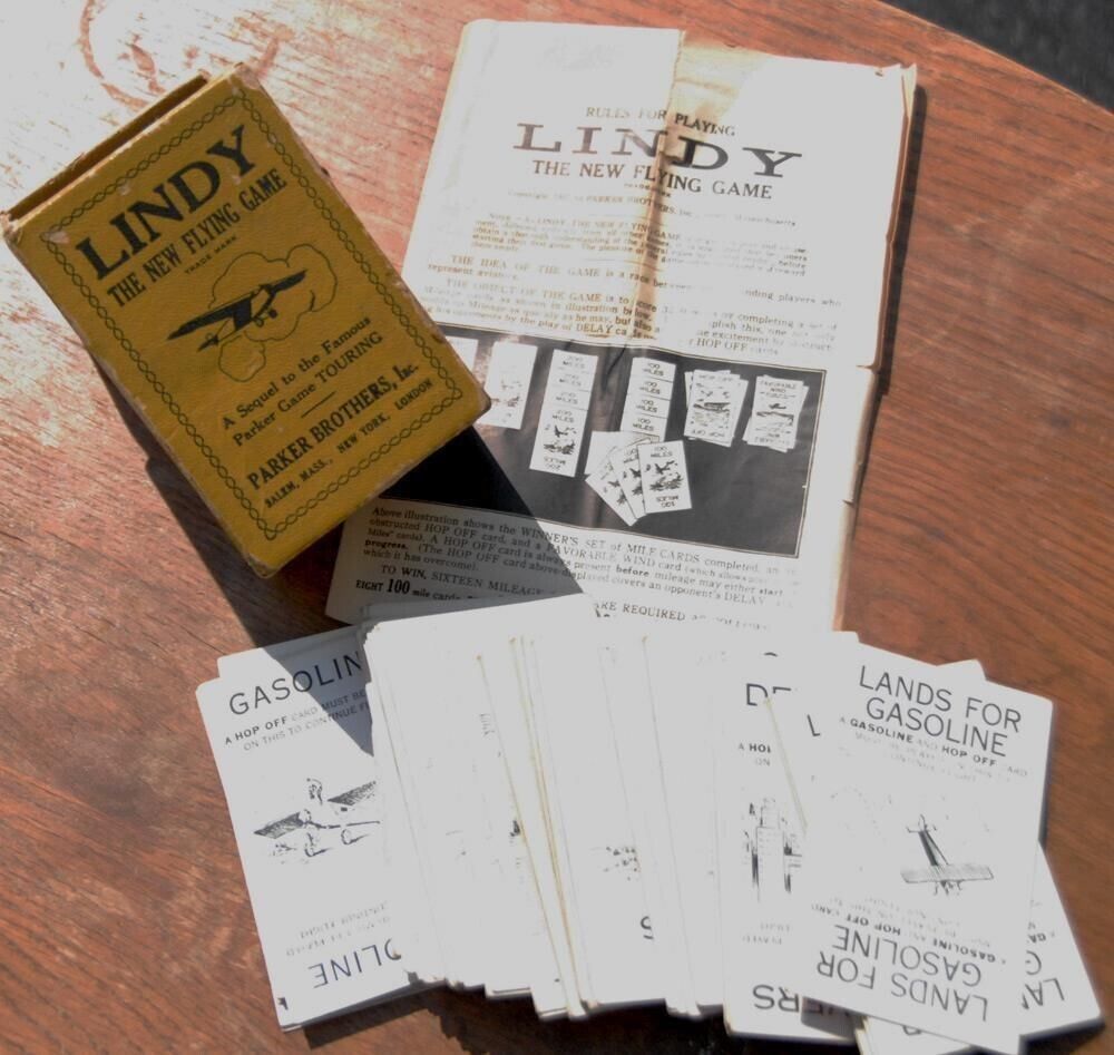 1927 antique LINDY PLAYING CARD GAME,BOX parker bros CHAS LINDBERGH touring - $87.07