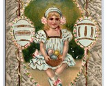 Little Girl Colored Eggs in Basket Easter Greetings Gilt Embosed DB Post... - $4.90