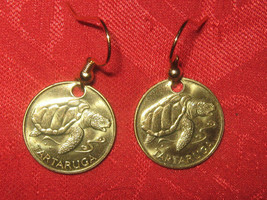 AFRICAN  CAPE VERDE SEA TURTLE GOLD TONE BRASS COIN EARRINGS - £7.90 GBP