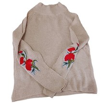 Woven Hearts Sweater Applique Tan Heart Cold Shoulder Mock Turtleneck Sm… - £11.21 GBP