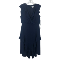 NWT Womens Size 10 London Times Navy Blue Ruffle Accent Faux-Wrap Midi Dress - £30.75 GBP