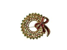 Vintage Christmas Wreath Brooch Pin Gold Tone Red Enamel Bow Rhinestones - $14.85