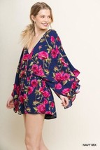 New UMGEE S Pink Roses Navy Elastic Waist Kimono Sleeve V Neck Romper Cr... - $375.30 MXN