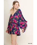 New UMGEE S Pink Roses Navy Elastic Waist Kimono Sleeve V Neck Romper Cr... - $19.80