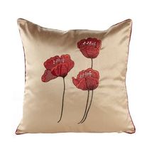 Poppies Cream &amp; Red Piped Faux Silk 18 Cushion Cover  - $22.00