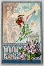 Easter Greetings Beautiful Angel Sounding Horn Flowers Silvertone Postcard Z25 - £6.21 GBP