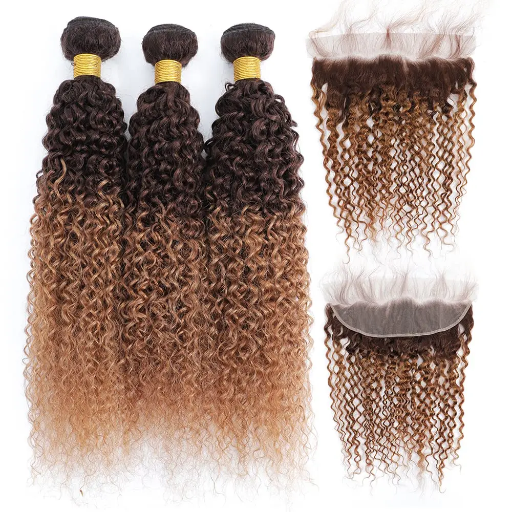 Curly Ombre Bundles With Lace Frontal Closure 4/30 Brown Brazilian 3/4 Human - £170.99 GBP+