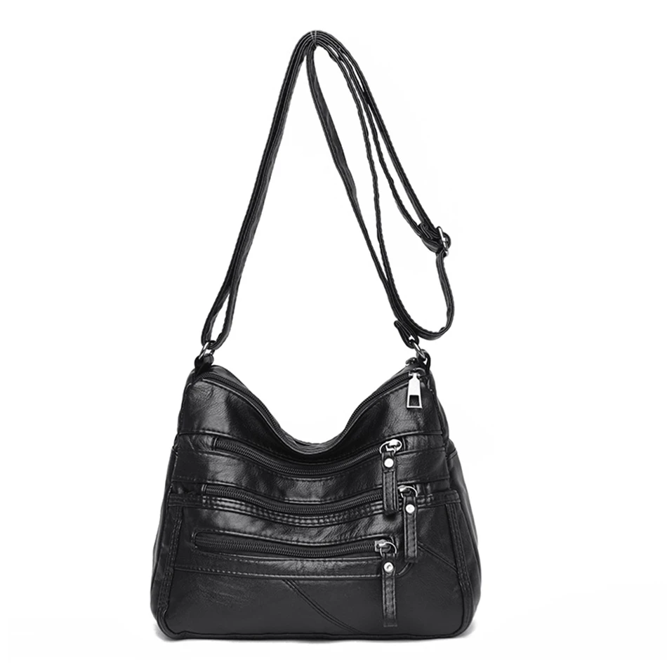 Women's Soft PU Leather Shoulder Bag Multi-Layer Pockets Classic Style Crossbody