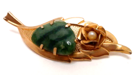 Gold Tone Leaf with Faux Jade and Faux Pearl Pin Pendant - £11.16 GBP