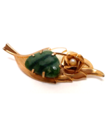 Gold Tone Leaf with Faux Jade and Faux Pearl Pin Pendant - £11.11 GBP