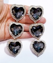 Gray Rhinestone Heart, CLIP ON Earrings, Oversized Chandelier Earrings, Drop Pag - £47.30 GBP