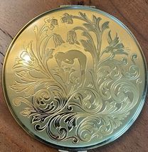 Vtg Zell  Brass Purse Compact  NEVER USED Nude Sprite Fancy Floral  4" w... - $89.10