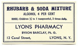 1 Antique Pharmacy Label RHUBARB and SODA MIXTURE Lyons Pharmacy Lyons N... - $28.11