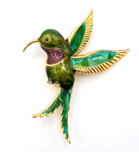 Vintage Gold Tone Green Enamel Hummingbird Brooch Pin - £20.52 GBP