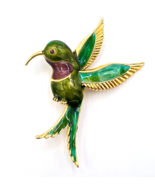 Vintage Gold Tone Green Enamel Hummingbird Brooch Pin - £20.33 GBP
