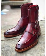 Handmade Men’s Burgundy Colour Quad Monk Strap Round Toe Ankle High Dres... - $159.00