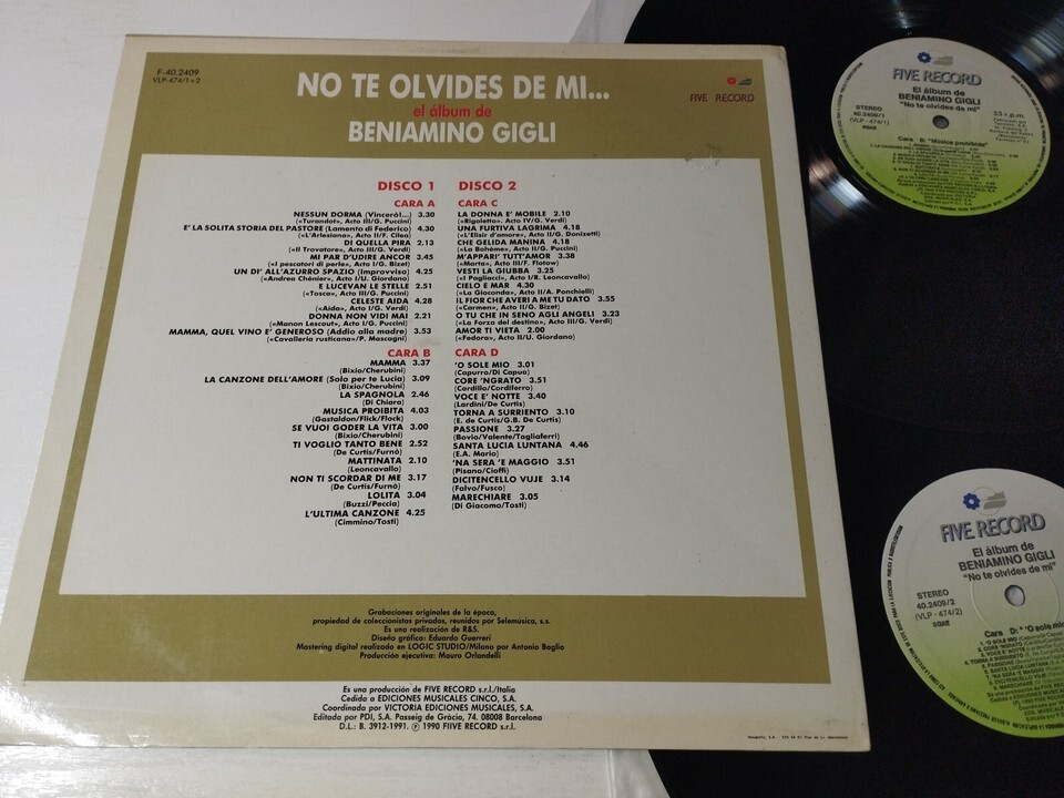 Beniamino Gigli No Te Olvides De Mi 1991 Five Record - 2 X LP Vinyl 12" VG/VG Item image 4