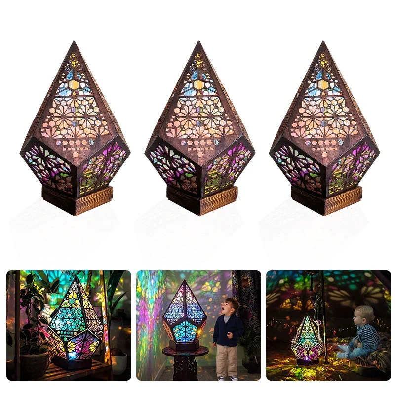 Wooden Floor Lamp Projection Night Lamp Bohemian Colorful Projector Desk Lamp - £21.69 GBP