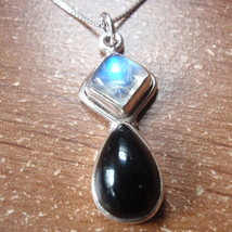 Moonstone Black Onyx Necklace Sterling Silver Teardrop Corona Sun Jewelry #57de - £26.89 GBP