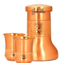 Copper Designer Hammered &amp; Smooth Bedroom Bottle With Copper Glasses,Drinkware, - £58.68 GBP