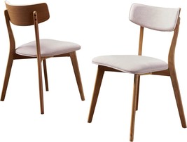 Set Of 2 Light Beige Caleb Mid-Century Fabric Dining Chairs With A Natural Oak - £150.59 GBP
