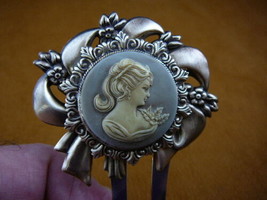 (CHS23-6) Ponytail lady gray round cameo hair pin pick stick HAIRPIN brass - £22.78 GBP