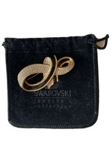 Swarovski® signed SWAN Logo gold tone black enamel pave crystal Pin Brooch 2.75&quot; - £63.30 GBP