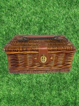 Vintage Wicker Rattan Basket Box Lid Closes Purse Case With Brass Clasp Sewing - £19.97 GBP