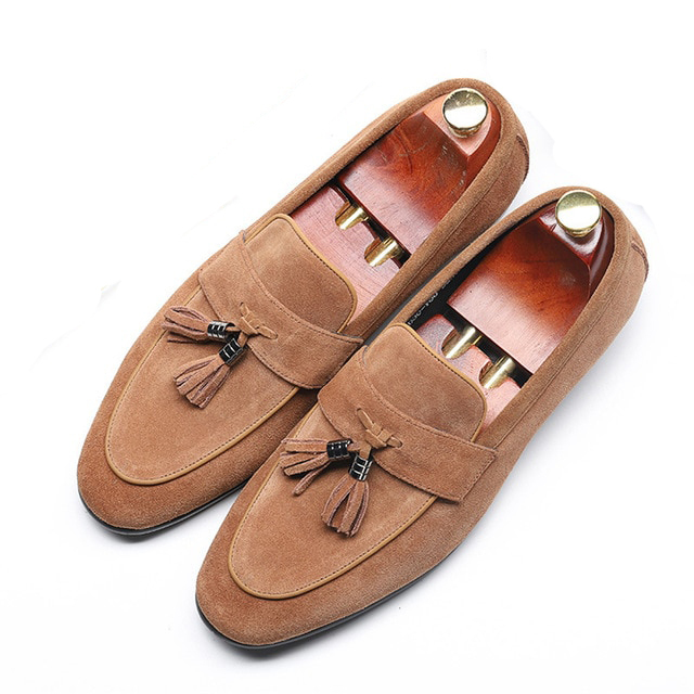 Loafer Tassel Leather Shoes Suede Brown Men's Premium Quality Rounded Apron Toe
