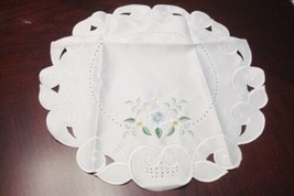 Floral Doily, White, White Silk Embroidered, Pale Blue Flowers, Round 14... - $17.81