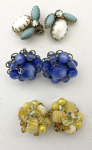 Clip On and Screw Earrings Three Pair Blue Yellow Pearl Beads Glass Rhinestones - £17.48 GBP