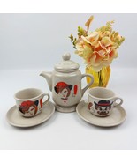 Vtg Korean Grés Ceramic Tea Set – Teapot &amp; 2 Cups, Whimsical Lady &amp; Gent... - $70.05 CAD