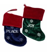 Embroidered Christmas Stocking Pair PEACE JOY Velvet Ornament 6 1/2” - $191.06 MXN