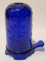 Vtg Mosser Glass Cobalt Blue Fairy Candle Lamp With Handle Holly Berry P... - $74.25